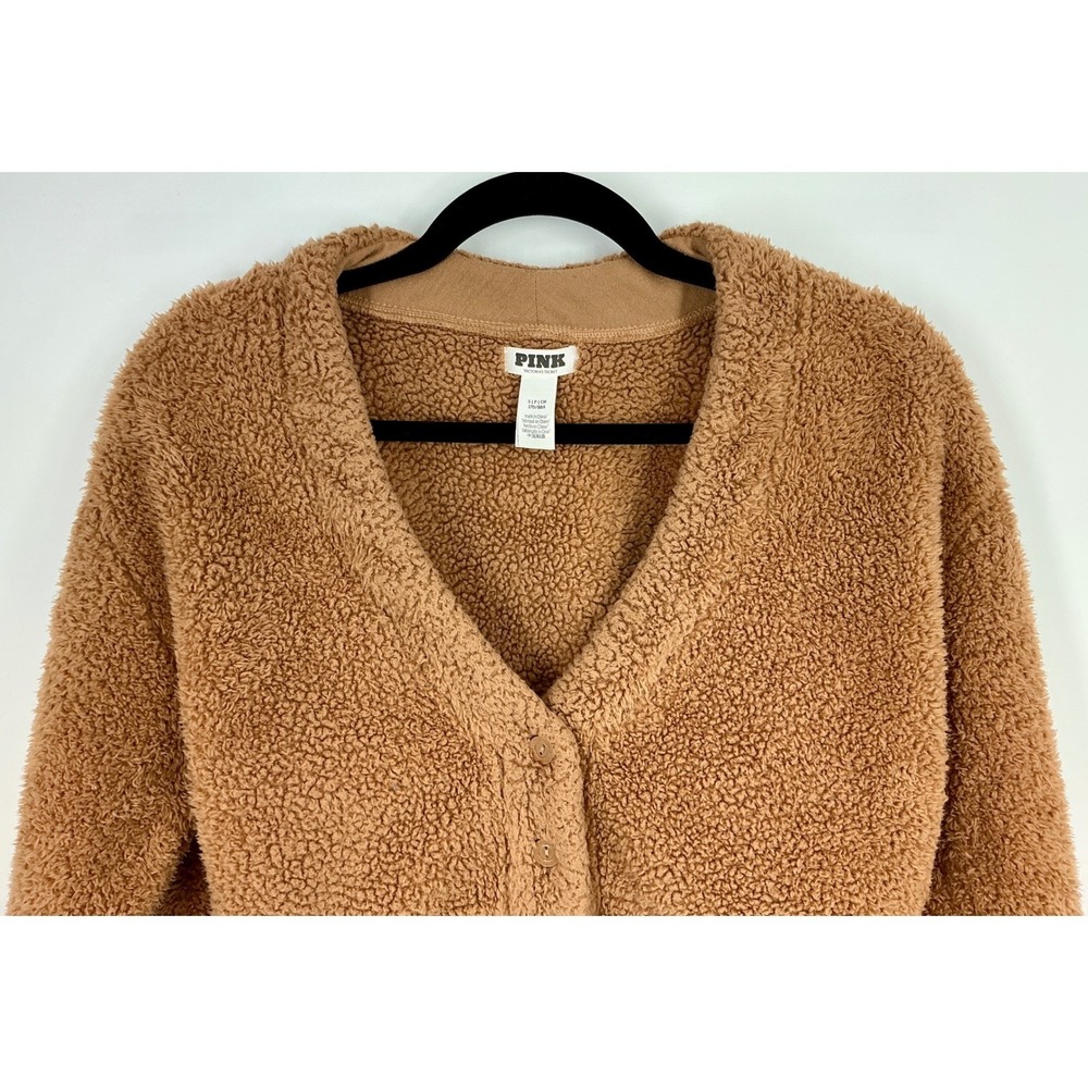 PINK Victoria's Secret Sherpa Teddy Cropped Cardigan Sweater Small Brown Cozy - Picture 4 of 12